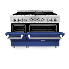 ZLINE 48 Inch 6.0 cu. ft. Range with Gas Stove and Gas Oven in Stainless Steel and Blue Matte Door, RG-BM-48