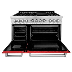 ZLINE 48 Inch 6.0 cu. ft. Range with Gas Stove and Gas Oven in Stainless Steel and Red Matte Door, RG-RM-48