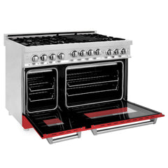 ZLINE 48 Inch 6.0 cu. ft. Range with Gas Stove and Gas Oven in Stainless Steel and Red Matte Door, RG-RM-48