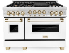 ZLINE 48 Inch Autograph Edition Gas Range in Stainless Steel with White Matte Door and Champagne Bronze Accents, RGZ-WM-48-CB