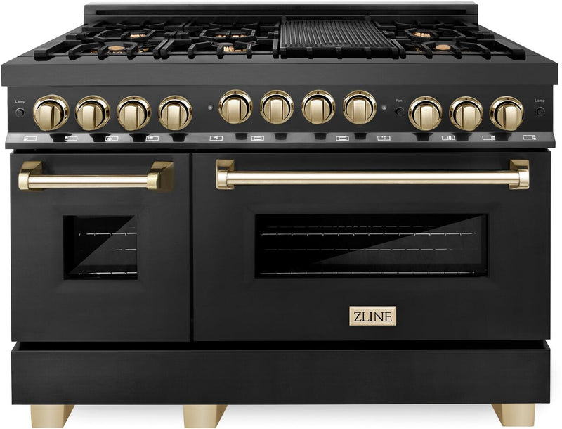 ZLINE 48 in. Autograph Edition Gas Range in Black Stainless Steel with Gold Accents, RGBZ-48-G