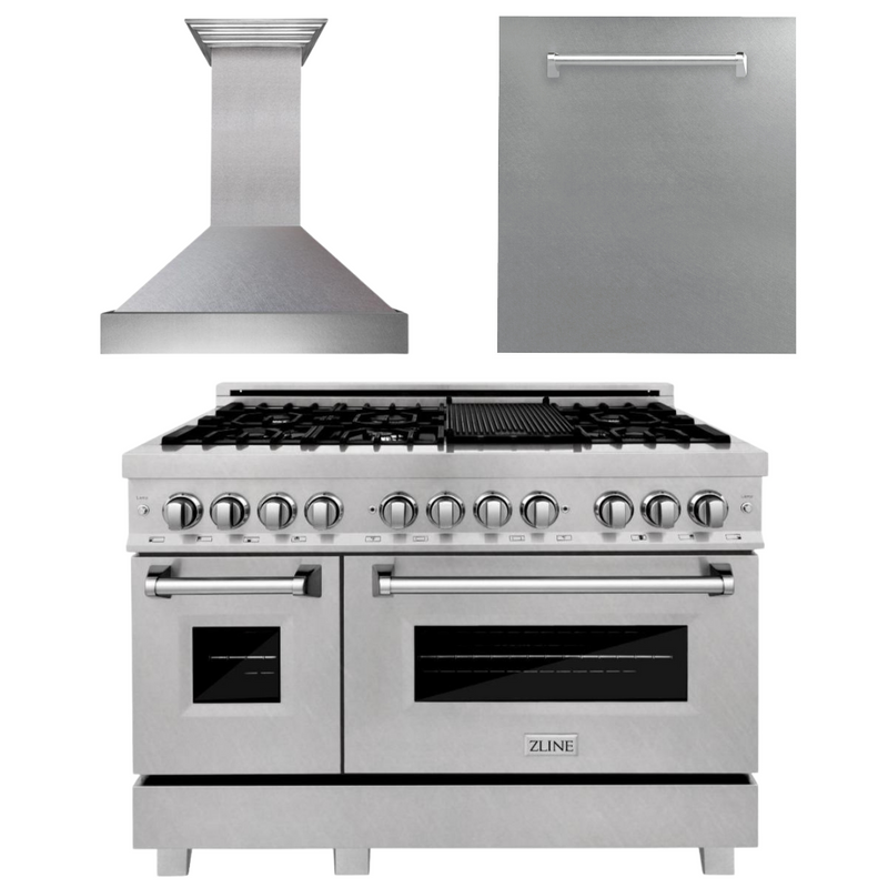 ZLINE 48 in. Kitchen Package with DuraSnow® Stainless Dual Fuel Range, Ducted Vent Range Hood and Dishwasher, 3KP-RASRH48-DW