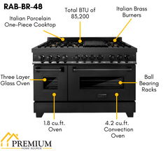 ZLINE Appliance Package - 48 in. Dual Fuel Range, Range Hood, Microwave Drawer, Refrigerator in Black Stainless, 4KPR-RABRH48-MW