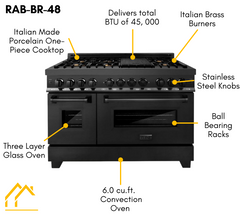 ZLINE Appliance Package - 48 In. Dual Fuel Range with Brass Burners, Microwave Oven, Range Hood in Black Stainless Steel, 3KP-RABRHMWO-48