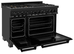 ZLINE Appliance Package - 48 In. Dual Fuel Range with Brass Burners, Microwave Oven, Range Hood in Black Stainless Steel, 3KP-RABRHMWO-48