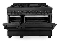 ZLINE 5-Piece Appliance Package - 48 In. Gas Range, Range Hood, Refrigerator, Microwave and Dishwasher in Black Stainless Steel, 5KPR-RGBRH48-MWDWV