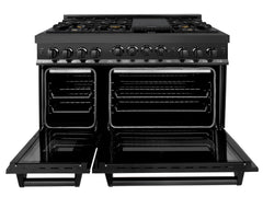 ZLINE Appliance Package - 48 In. Gas Range, Refrigerator, Range Hood, Microwave Drawer in Black Stainless Steel, 4KPR-RGBRH48-MW