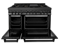 ZLINE Appliance Bundle - 48 In. Gas Range, Refrigerator, Range Hood, Microwave Drawer in Black Stainless Steel, Bundle-4KPR-RGBRH48-MW