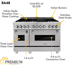 ZLINE Appliance Package - 48 in. Dual Fuel Range, Range Hood, Microwave Drawer, 3 Rack Dishwasher, Refrigerator, 5KPR-RARH48-MWDWV