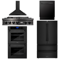 ZLINE 5-Piece Appliance Package - 36 In. Gas Rangetop, Range Hood, Refrigerator, Dishwasher and Double Wall Oven in Black Stainless Steel, 5KPR-RTBRH36-AWDDWV