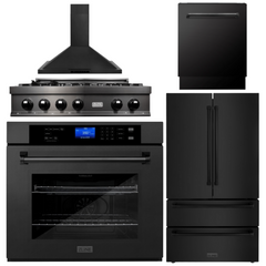 ZLINE 5-Piece Appliance Package - 36 In. Gas Rangetop, Range Hood, Refrigerator, Dishwasher and Wall Oven in Black Stainless Steel, 5KPR-RTBRH36-AWSDWV