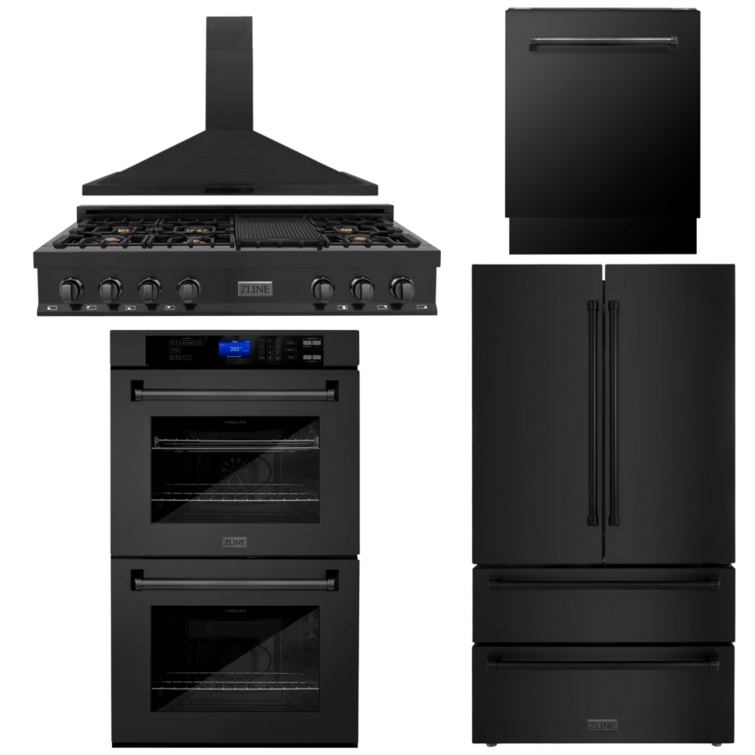 ZLINE 5-Piece Appliance Package - 48 In. Gas Rangetop, Range Hood, Refrigerator, Dishwasher and Double Wall Oven in Black Stainless Steel, 5KPR-RTBRH48-AWDDWV