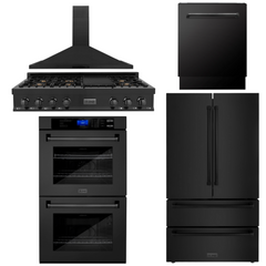 ZLINE 5-Piece Appliance Package - 48 In. Gas Rangetop, Range Hood, Refrigerator, Dishwasher and Double Wall Oven in Black Stainless Steel, 5KPR-RTBRH48-AWDDWV