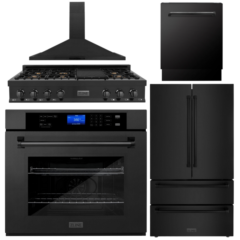 ZLINE 5-Piece Appliance Package - 48 In. Gas Rangetop, Range Hood, Refrigerator, Dishwasher and Wall Oven in Black Stainless Steel, 5KPR-RTBRH48-AWSDWV