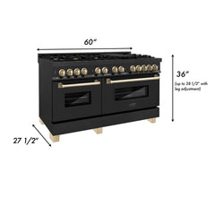 ZLINE 60 Inch Autograph Edition Dual Fuel Range in Black Stainless Steel with Gold Accents, RABZ-60-G