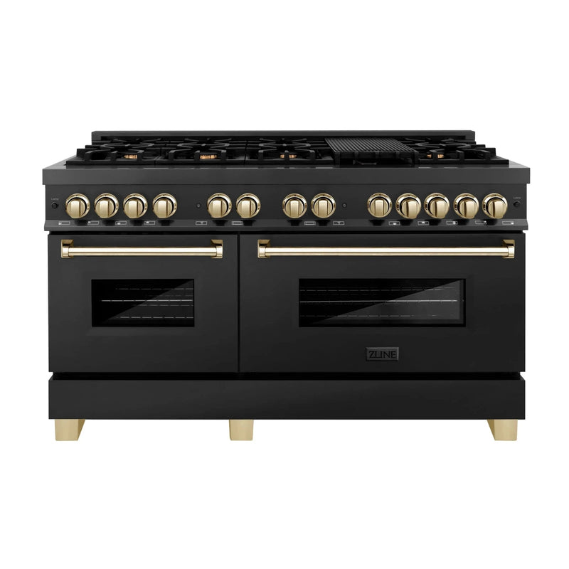 ZLINE 60 Inch Autograph Edition Dual Fuel Range in Black Stainless Steel with Gold Accents, RABZ-60-G