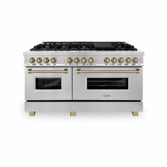 ZLINE 60 Inch Autograph Edition Dual Fuel Range in Stainless Steel with Champagne Bronze Accents, RAZ-60-CB