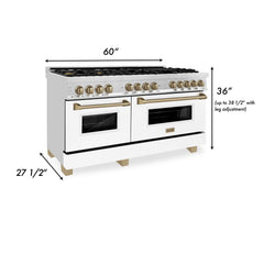 ZLINE 60 Inch Autograph Edition Dual Fuel Range in Stainless Steel with White Matte Door and Champagne Bronze Accents, RAZ-WM-60-CB