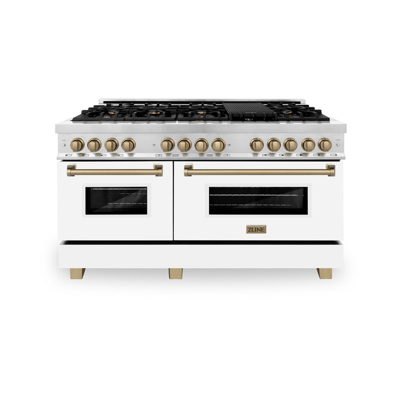 ZLINE 60 Inch Autograph Edition Dual Fuel Range in Stainless Steel with White Matte Door and Champagne Bronze Accents, RAZ-WM-60-CB