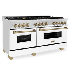 ZLINE 60 Inch Autograph Edition Dual Fuel Range in Stainless Steel with White Matte Door and Champagne Bronze Accents, RAZ-WM-60-CB