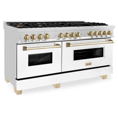 ZLINE 60 Inch Autograph Edition Dual Fuel Range in Stainless Steel with White Matte Door and Gold Accents, RAZ-WM-60-G