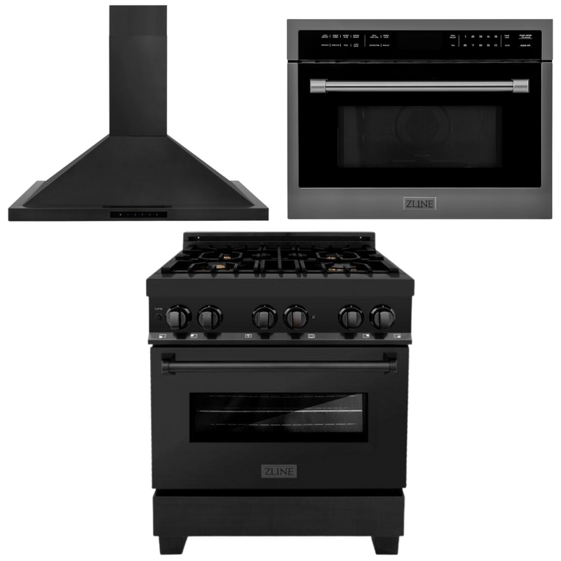 ZLINE Appliance Package - 30 In. Dual Fuel Range, Range Hood, Microwave Oven in Black Stainless Steel, 3KP-RABRHMWO-30