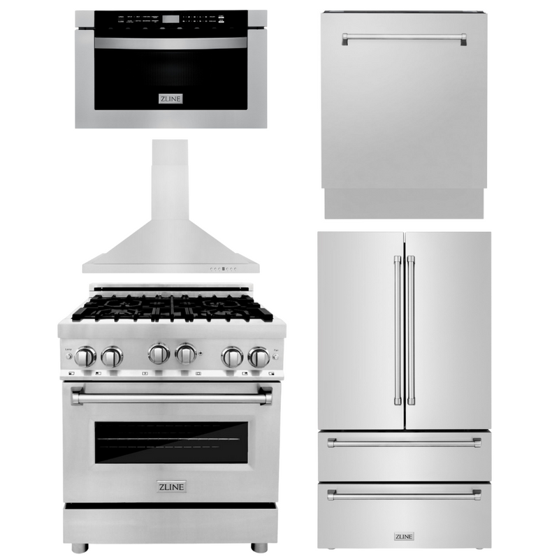 ZLINE Appliance Package - 30 in. Gas Range, 30 in. Range Hood, Microwave Drawer, 3 Rack Dishwasher, Refrigerator, 5KPR-RGRH30-MWDWV