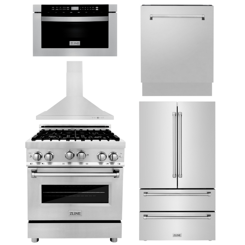 ZLINE Appliance Bundle - 30 in. Gas Range, 30 in. Range Hood, Microwave Drawer, 3 Rack Dishwasher, Refrigerator, Bundle-5KPR-RGRH30-MWDWV
