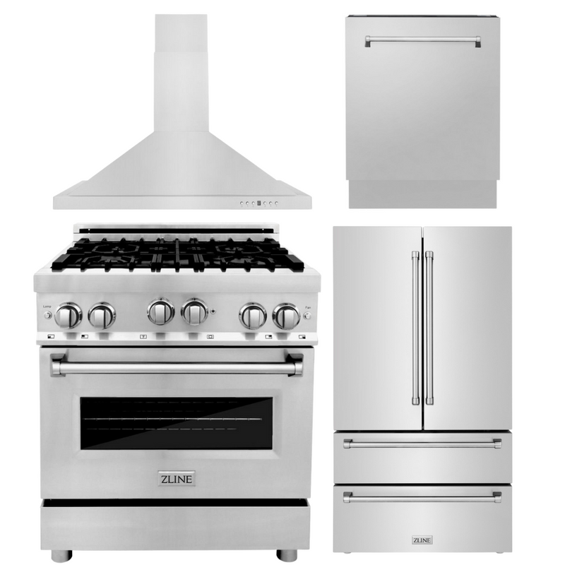 ZLINE Appliance Package - 30 in. Gas Range, Range Hood, 3 Rack Dishwasher, Refrigerator, 4KPR-RGRH30-DWV