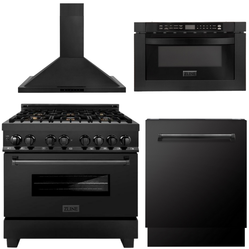 ZLINE Appliance Package - 36 In. Dual Fuel Range, Range Hood, Microwave and Dishwasher in Black Stainless Steel, 4KP-RABRH36-MWDWV