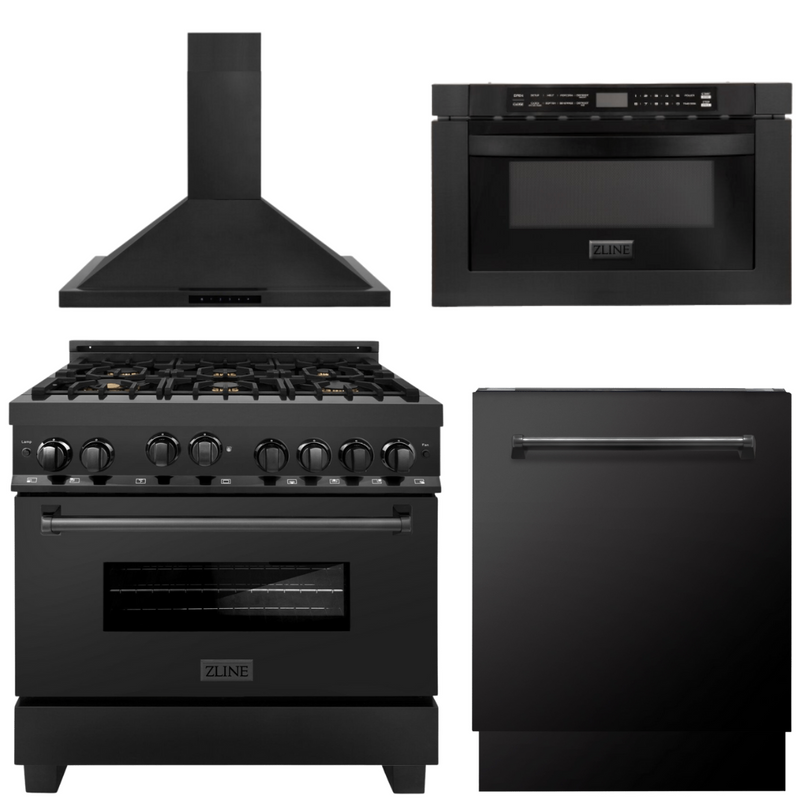 ZLINE Appliance Package - 36 In. Gas Range, Range Hood, Microwave and Dishwasher in Black Stainless Steel, 4KP-RGBRH36-MWDWV