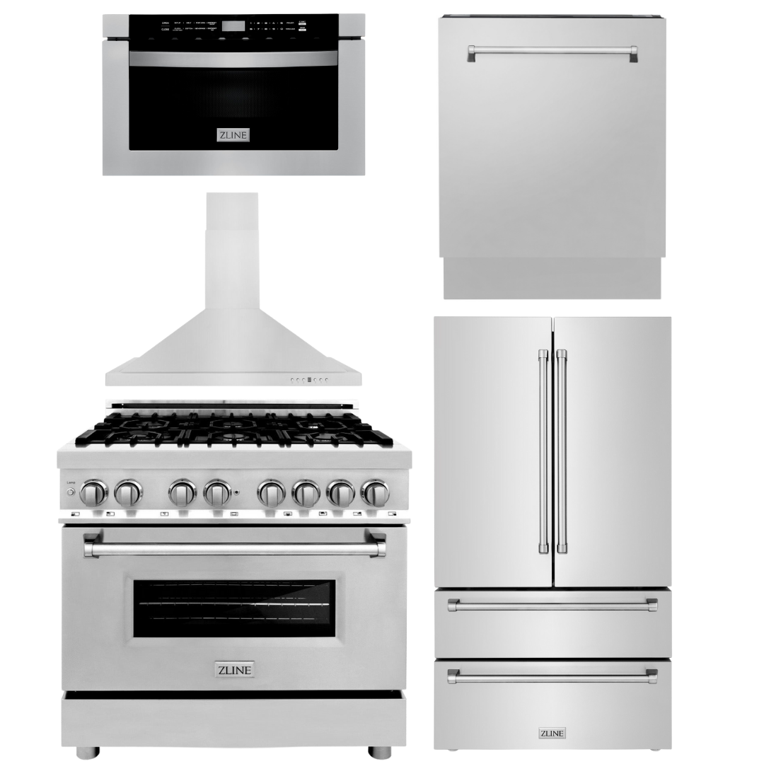 ZLINE 36" Range, Range Hood, Microwave, Dishwasher & Refrigerator Bundle, Bundle-5KPR-RARH36-MWDWV
