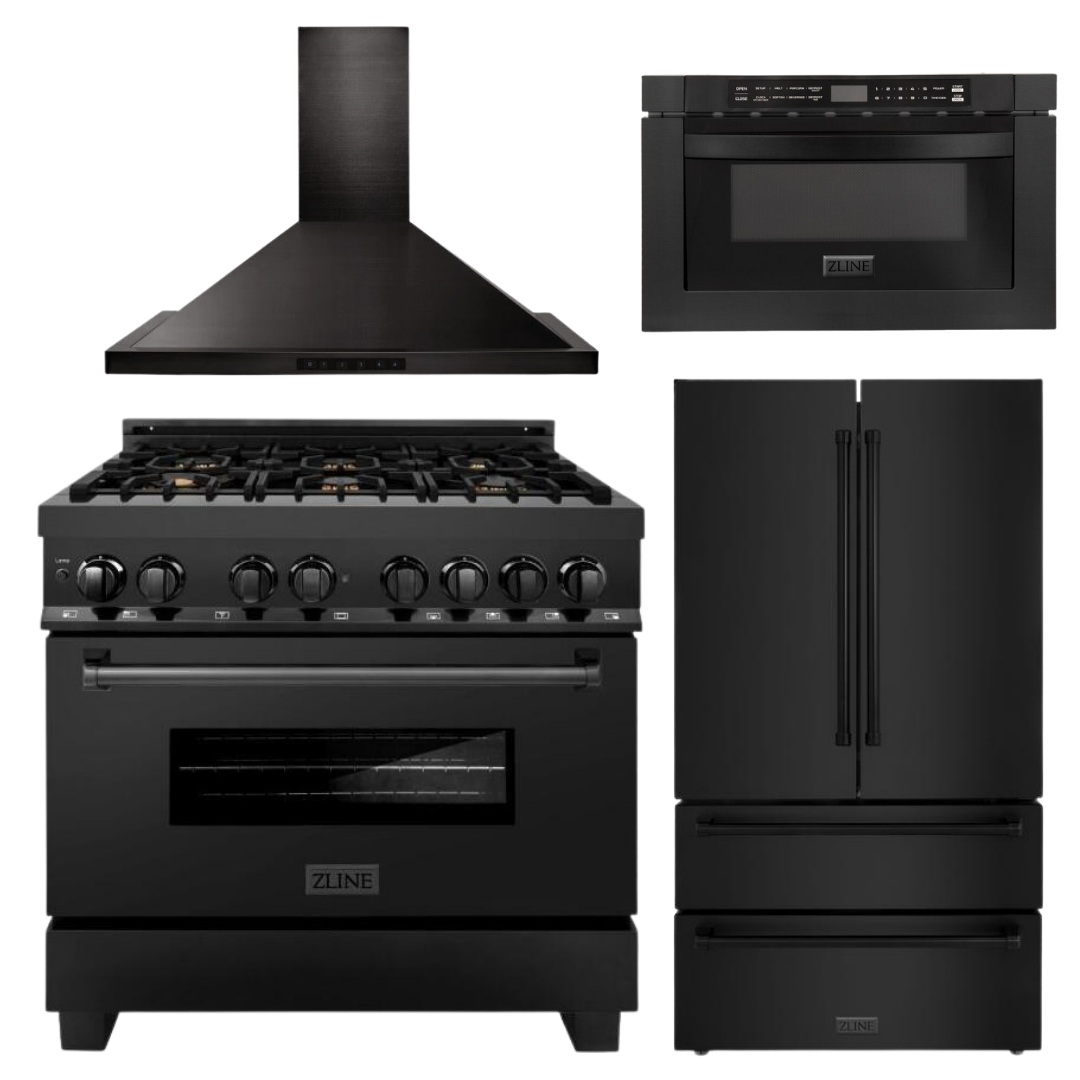 ZLINE Appliance Bundle - 36 in. Dual Fuel Range, Range Hood, Microwave Drawer, Refrigerator in Black Stainless, Bundle-4KPR-RABRH36-MW