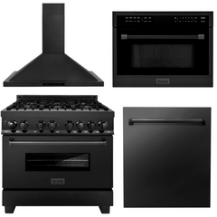 ZLINE Appliance Package - 36 in. Dual Fuel Range, Range Hood, Microwave Oven, Dishwasher in Black Stainless Steel, 4KP-RABRH36-MODW