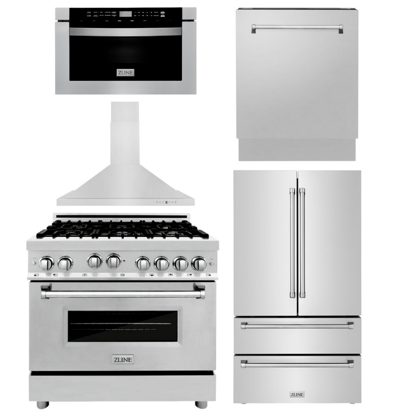 ZLINE Appliance Package - 36 in. Gas Range, 36 in. Range Hood, Microwave Drawer, 3 Rack Dishwasher, Refrigerator, 5KPR-RGRH36-MWDWV