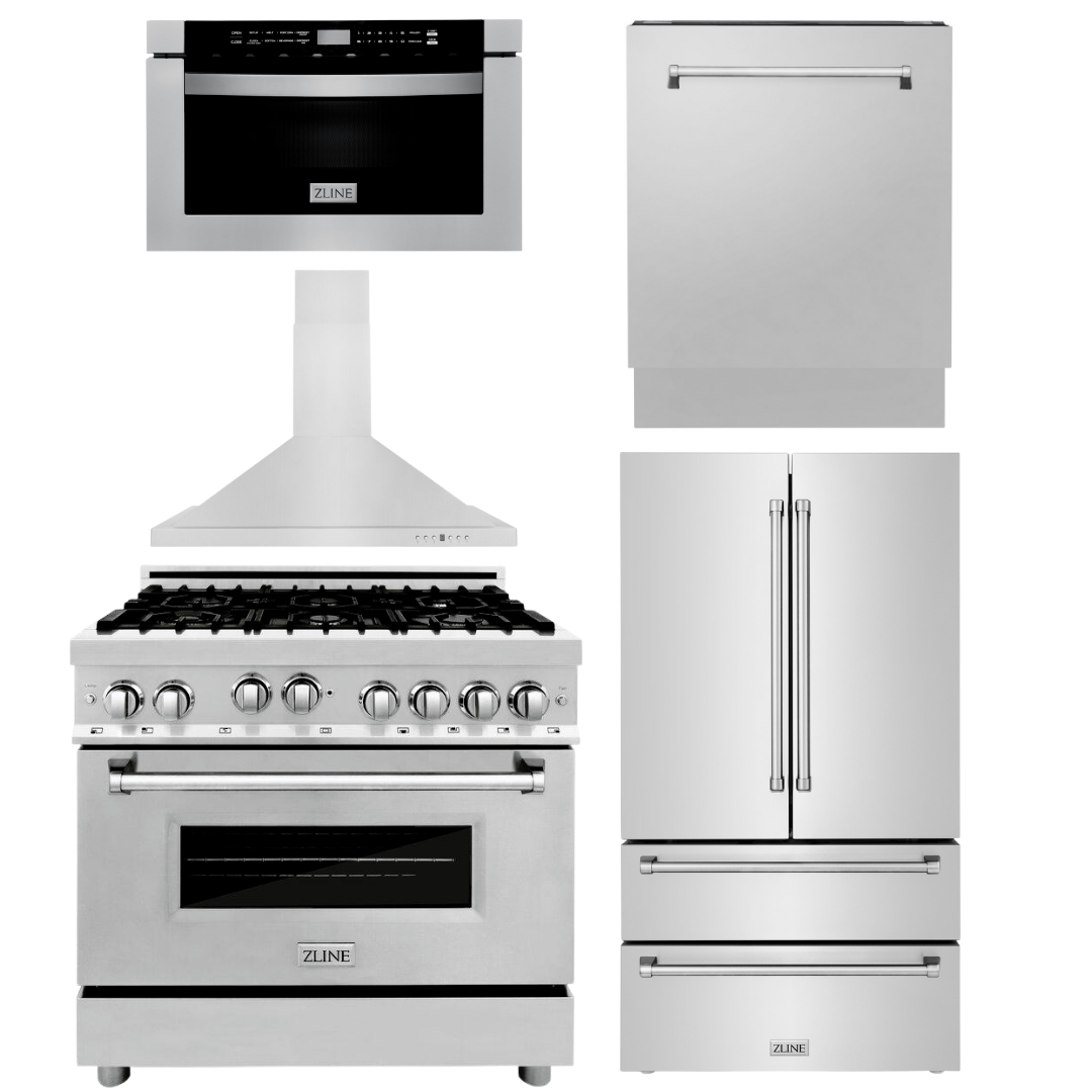 ZLINE Appliance Bundle - 36 in. Gas Range, 36 in. Range Hood, Microwave Drawer, 3 Rack Dishwasher, Refrigerator, Bundle-5KPR-RGRH36-MWDWV
