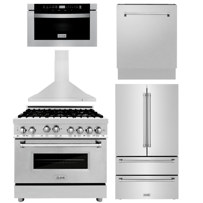 ZLINE Appliance Bundle - 36 in. Gas Range, 36 in. Range Hood, Microwave Drawer, 3 Rack Dishwasher, Refrigerator, Bundle-5KPR-RGRH36-MWDWV