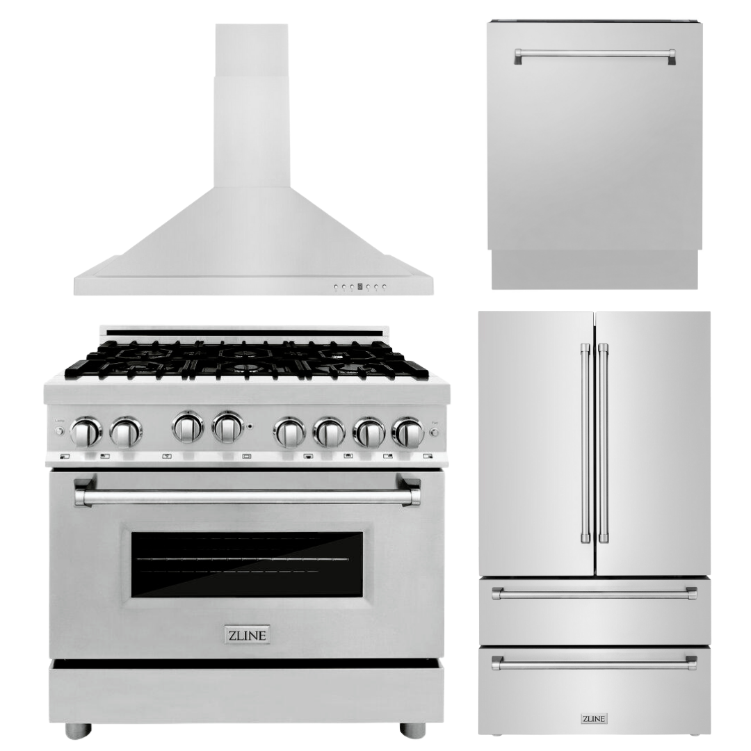 ZLINE Appliance Bundle - 36 in. Gas Range, Range Hood, 3 Rack Dishwasher, Refrigerator, Bundle-4KPR-RGRH36-DWV