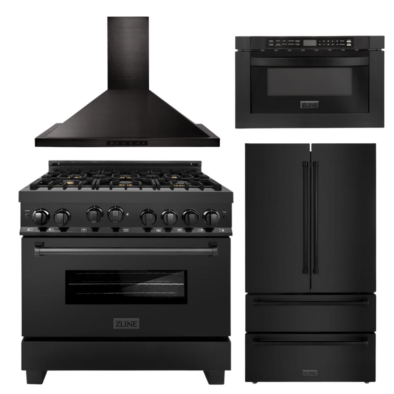ZLINE Appliance Bundle - 36 in. Gas Range, Range Hood, Microwave Drawer, Refrigerator in Black Stainless, Bundle-4KPR-RGBRH36-MW