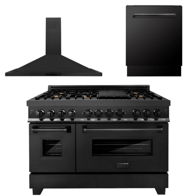 ZLINE Appliance Package - 48 In. Dual Fuel Range, Range Hood, Dishwasher in Black Stainless Steel, 3KP-RABRH48-DWV