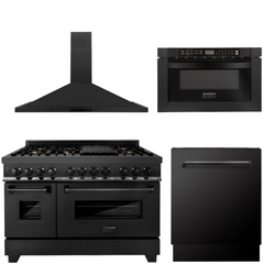 ZLINE Appliance Package - 48 In. Dual Fuel Range, Range Hood, Microwave and Dishwasher in Black Stainless Steel, 4KP-RABRH48-MWDWV