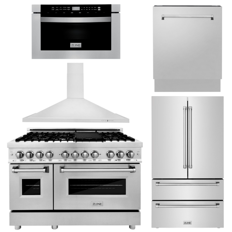 ZLINE Appliance Bundle - 48 in. Dual Fuel Range, Range Hood, Microwave Drawer, 3 Rack Dishwasher, Refrigerator, Bundle-5KPR-RARH48-MWDWV