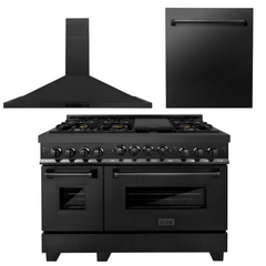 ZLINE Appliance Package - 48 in. Gas Range, Range Hood, Dishwasher in Black, 3KP-RGBRH48-DW