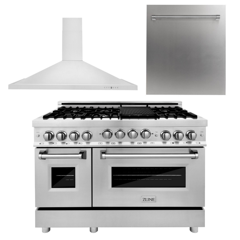 ZLINE Appliance Package - 48 in. Gas Range, Range Hood, Dishwasher, 3KP-RGRH48-DW