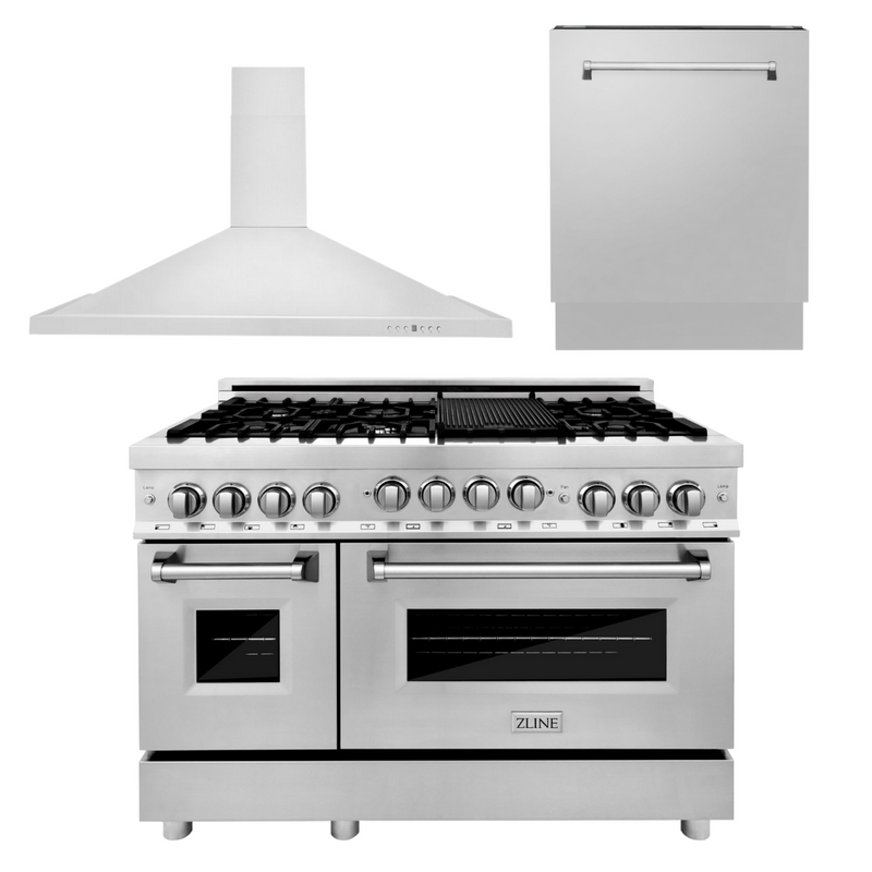 ZLINE Appliance Package - 48 in. Gas Range, Range Hood, 3 Rack Dishwasher, 3KP-RGRH48-DWV