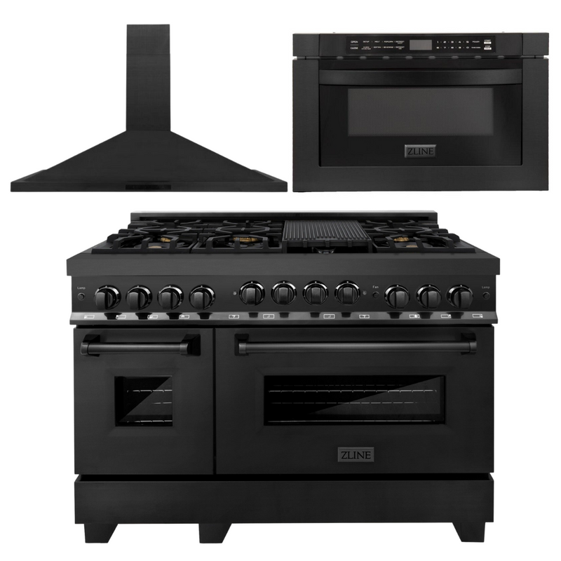 ZLINE Appliance Package - 48 in. Gas Range, Range Hood, Microwave Drawer in Black, 3KP-RGBRH48-MW