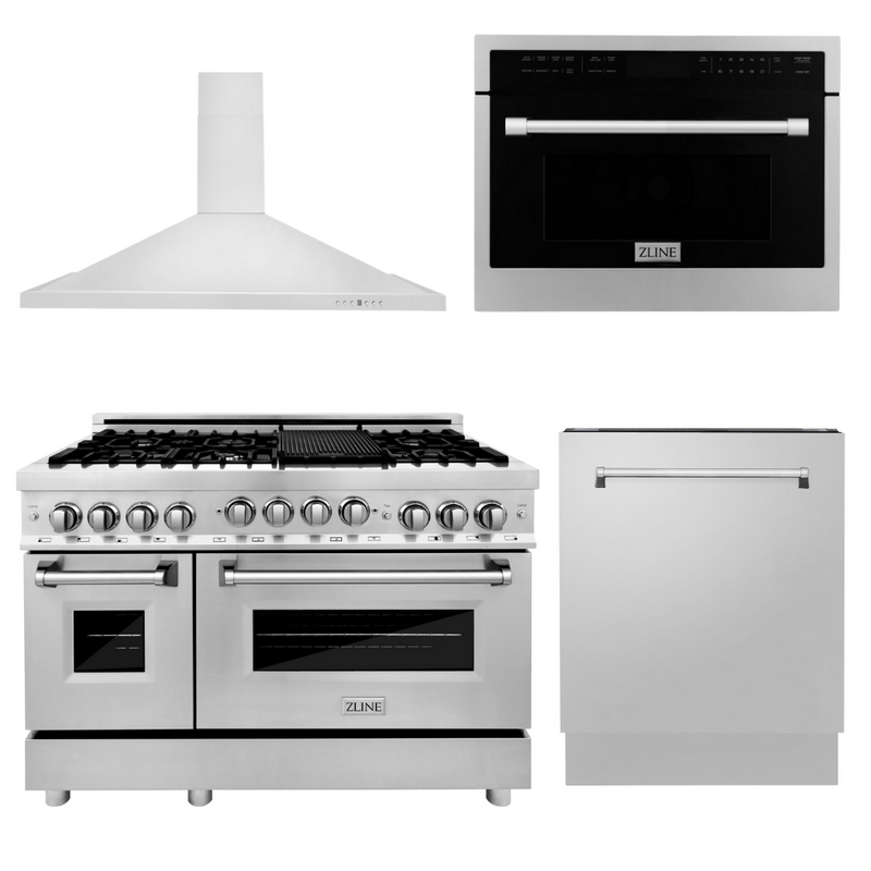 ZLINE Appliance Package - 48 in. Gas Range, Range Hood, Microwave Oven, 3 Rack Dishwasher, 4KP-RGRH48-MODWV