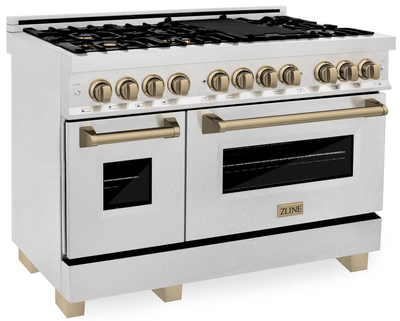 ZLINE Autograph 48 in. Gas Burner, Electric Oven in DuraSnow® Stainless Steel with Champagne Bronze Accents, RASZ-SN-48-CB