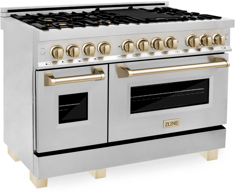 ZLINE Autograph 48 in. Range with Gas Burner, Electric Oven in Stainless Steel with Champagne Bronze Accents, RAZ-48-CB