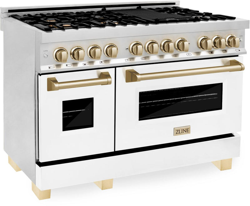 ZLINE Autograph 48 in. Range with Gas Burners, Electric Oven in Stainless Steel, White Matte Door with Champagne Bronze Accents, RAZ-WM-48-CB